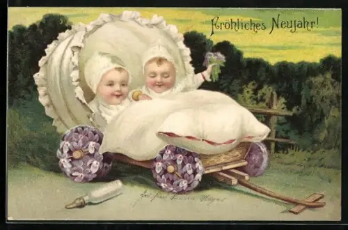 Präge-AK Fröhliches Neujahr mit Kleinkindern im Bettchen