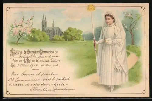 AK Mädchen zu ihrer ersten Kommunion mit Rosenkranz und Kerze