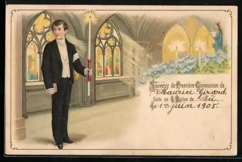 AK Junge zu seiner ersten Kommunion mit Kerze