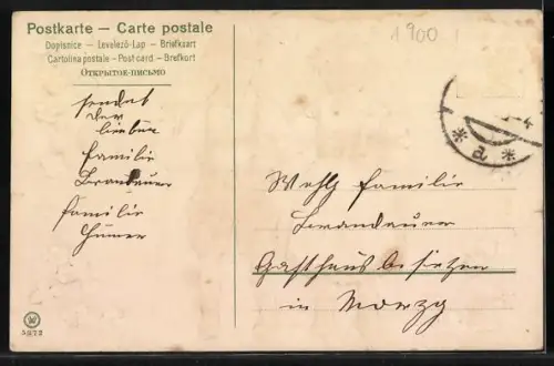 Präge-AK Kleines Paar in Trachten im Kleeblatt-Rahmen, Prosit Neujahr