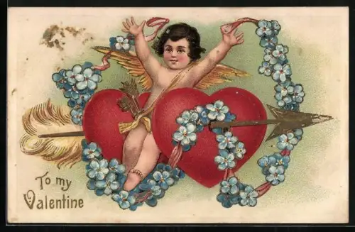 Präge-AK Valentinstag, Amor mit zwei aufgespiessten Herzen auf einem Pfeil