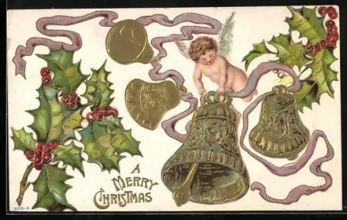 Präge-AK Weihnachtsengel läutet Glocken gerahmt von Stechpalmenzweigen