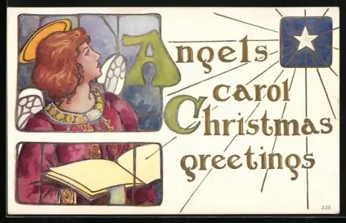 AK Weihnachtsengel mit Gesangsbuch, Angels carol Christmas greetings