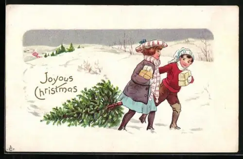 AK Kinder ziehen einen Tannenbaum durch den Schnee
