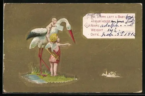 AK Amor zeigt einem Storch mit Baby den Weg