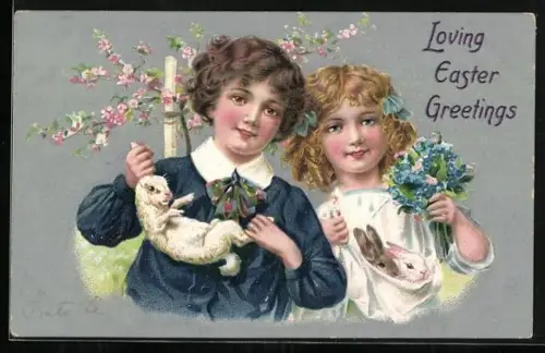 Präge-AK Kinder mit Osterhasen und Vergissmeinnicht