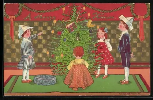 Präge-AK Kinder am geschmückten Weihnachtsbaum, A Merry Xmas