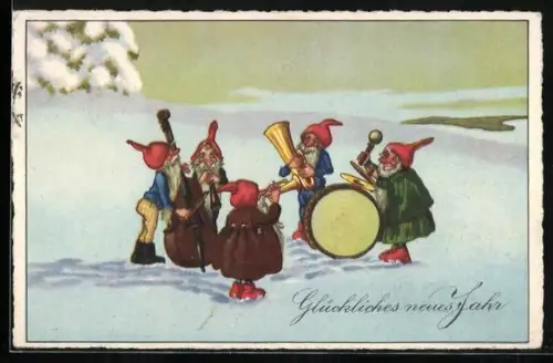 AK Neujahrsgruss, Zwergenkapelle im Schnee