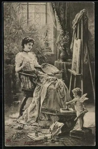 AK Kunstgenossen, Amor und eine Dame im Atelier