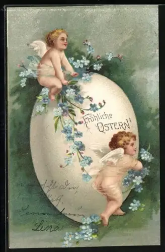 Präge-AK Kleine Osterengel auf einem Osterei