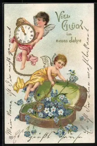 Präge-AK Neujahrsengel mit einer Taschenuhr