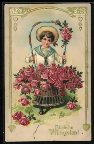 Präge-AK Pfingstgruss, Kleiner Junge im Matrosenanzug mit einem Rosenkorb
