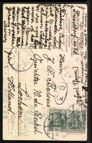 Präge-AK Pfingstgruss, Kleiner Junge im Matrosenanzug mit einem Rosenkorb