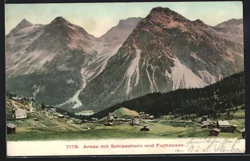 AK Arosa, Ortsansicht mit Schiesshorn und Furkapass