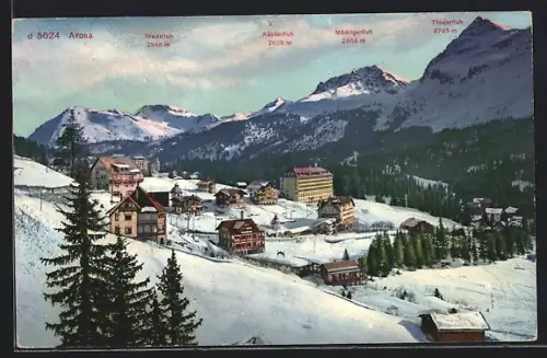 AK Arosa, Ortsansicht mit Weissfluh, Küpfen-, Mädriger- u. Thiejerfluh