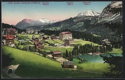 AK Arosa, Untersee, Ortsansicht mit Weissfluh, Küpfen- u. Mädrigerfluh aus der Vogelschau