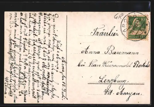 AK Arosa, Untersee, Ortsansicht mit Weissfluh, Küpfen- u. Mädrigerfluh aus der Vogelschau