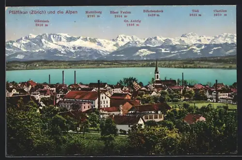 AK Pfäffikon /Zürich, Teilansicht und die Alpen, Glärnisch, Tödi und Bifertenstock