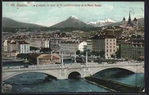 AK Genève, Vue generale, le pont de la Coulouvrenière et le Mont-Blanc