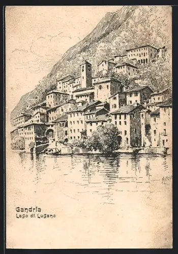 Künstler-AK Gandria /Lago di Lugano, Panorama