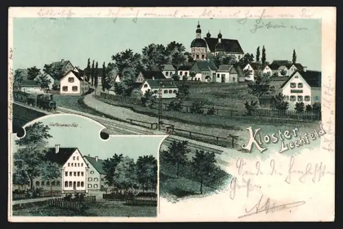Lithographie Lechfeld, Kloster mit Eisenbahn u. Ort, Gasthaus zur Post