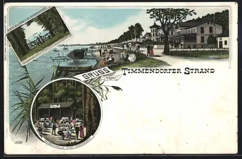 Lithographie Timmendorfer Strand, Gasthaus Gambrinushalle in der Gehegekammer, Strandpromenade