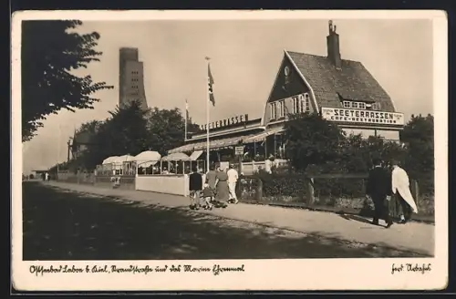 AK Laboe b. Kiel, Strandstrasse mit Gaststätte Seeterrassen, Marine-Ehrenmal