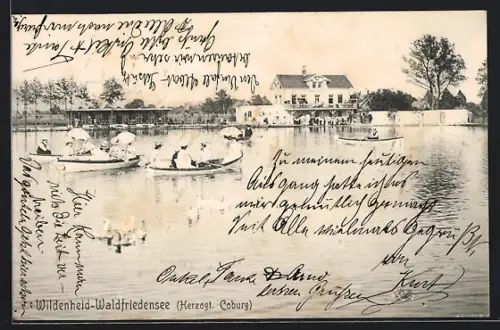 AK Wildenheid-Waldfriedensee /Herzogt. Coburg, See mit Booten, Ausflugslokal, Badeanstalt