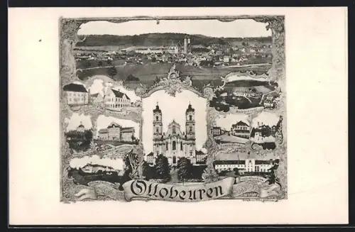 Künstler-AK Ottobeuren, Kloster, Basilika, Ortsansicht, Gebäudeansichten