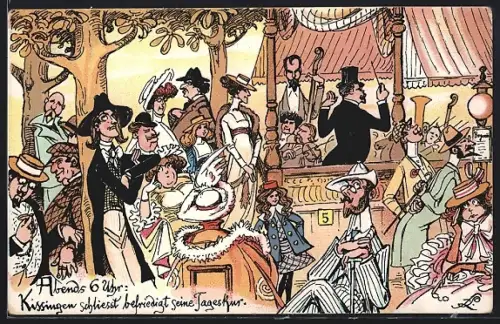Künstler-AK Bad Kissingen, Kurgäste beim Konzert im Musikpavillon, Karikatur