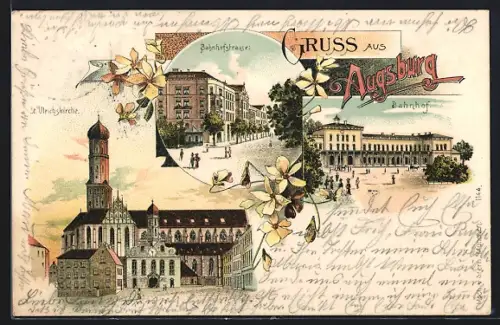 Lithographie Augsburg, Ulrichskirche, Bahnhofstrasse, Bahnhof