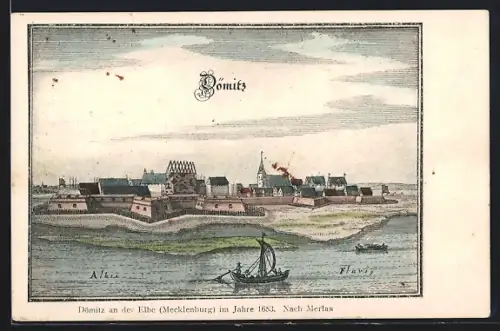 Lithographie Dömitz an der Elbe, Festung, Kirche, Elbeansicht im Jahre 1683