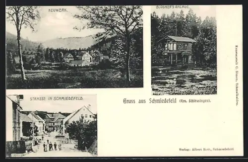 AK Schmiedefeld /Schleusingen, Neuwerk, Blodners Anlage, Strasse in Schmiedefeld