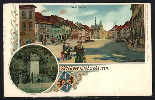 Lithographie Hildburghausen, Marktplatz, Denkmal, Wappen