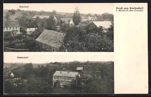AK Sachsdorf b. Wilsdruff, Oberdorf und Niederdorf aus der Vogelschau
