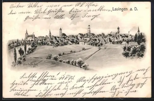 Künstler-AK Eugen Felle: Lauingen a. D., Stadtansicht mit Türmen aus der Vogelschau