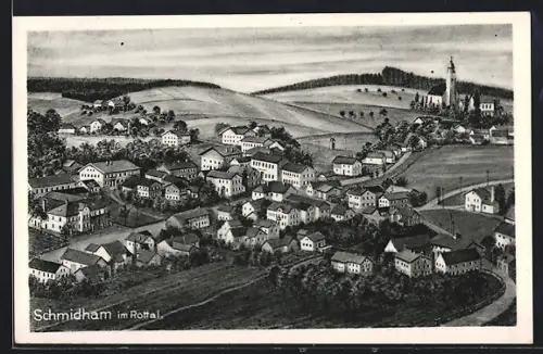 AK Schmidham im Rottal, Ortsansicht mit Kirche aus der Vogelschau