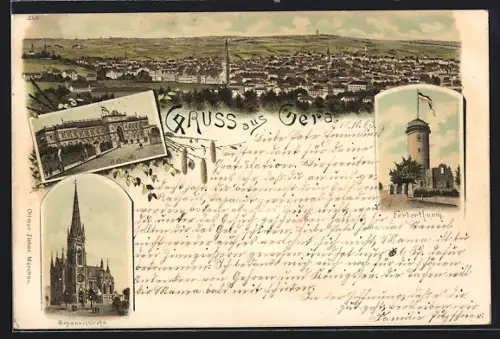 Lithographie Gera, Panoramablick, Bahnhof, Johanniskirche, Ferberturm