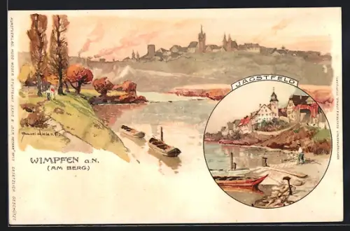 Lithographie Wimpfen a. N., Ansicht von Wimpfen am Berg, Jagstfeld