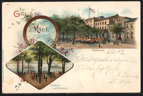 Lithographie Kiel, Gaststätte Bellevue, Ausblick von Bellevue