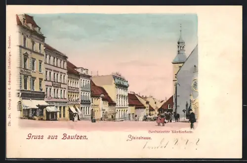 AK Bautzen, Steinstrasse, Panorama mit Kirche