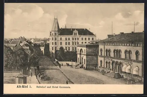 AK Kiel, Bahnhof und Hotel Germania aus der Vogelschau