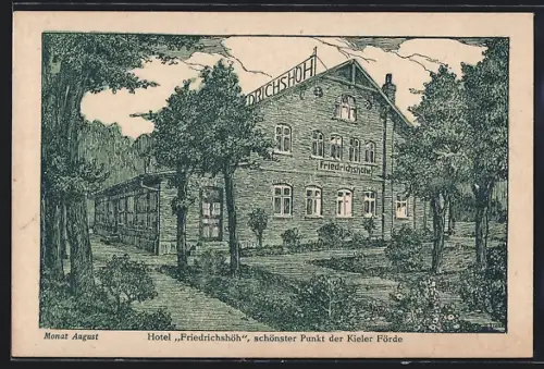 Künstler-AK Heikendorf, Kieler Förde, Hotel Friedrichshöh G. Hanft im August