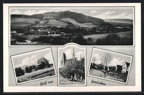 AK Graitschen, Bahnhof, Kirche, Ratskeller, Gesamtansicht