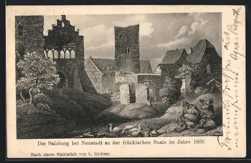 Künstler-AK Neustadt a. Saale, Historische Ansicht der Salzburg im Jahre 1839
