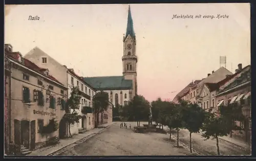 AK Naila, Marktplatz mit evang. Kirche, Gasthof z. grünen Baum