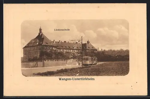 AK Wangen-Untertürkheim, Lindenschule, Strassenbahn