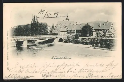 AK Untertürkheim, Teilansicht vom Fluss aus mit Brücke