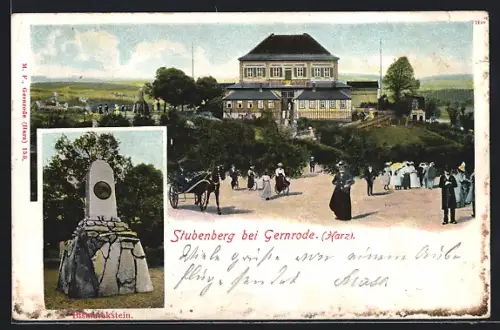 AK Gernrode /Harz, Hotel Stubenberg mit Pferdewagen, Bismarckstein
