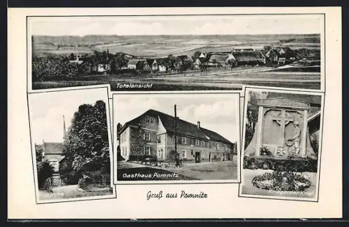AK Pomnitz, Kriegerdenkmal, Kirche, Gasthaus Pomnitz
